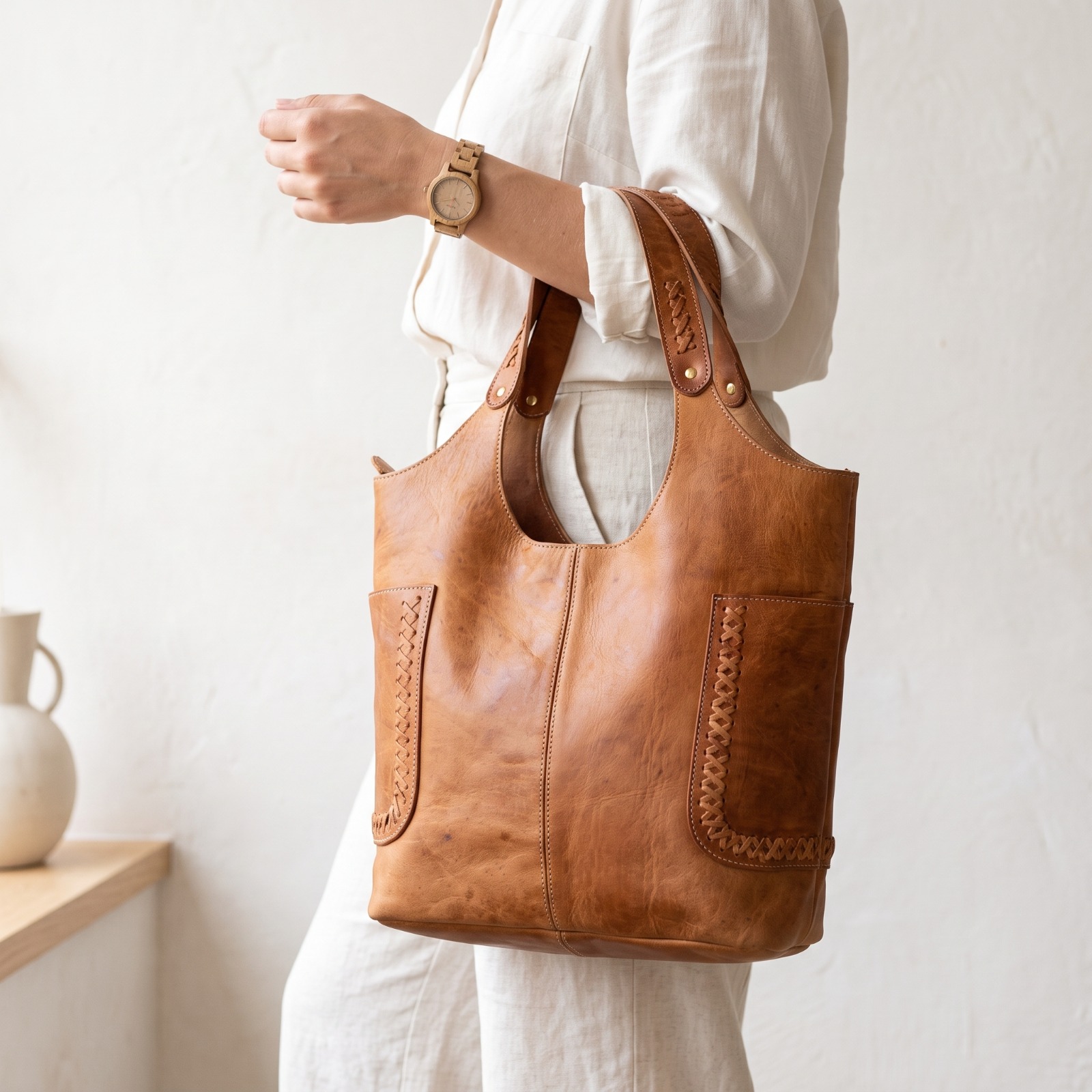 Sac Cabas en Cuir Marocain Fait Main – Grand Sac en Cuir Véritable – Sac Bohème Chic