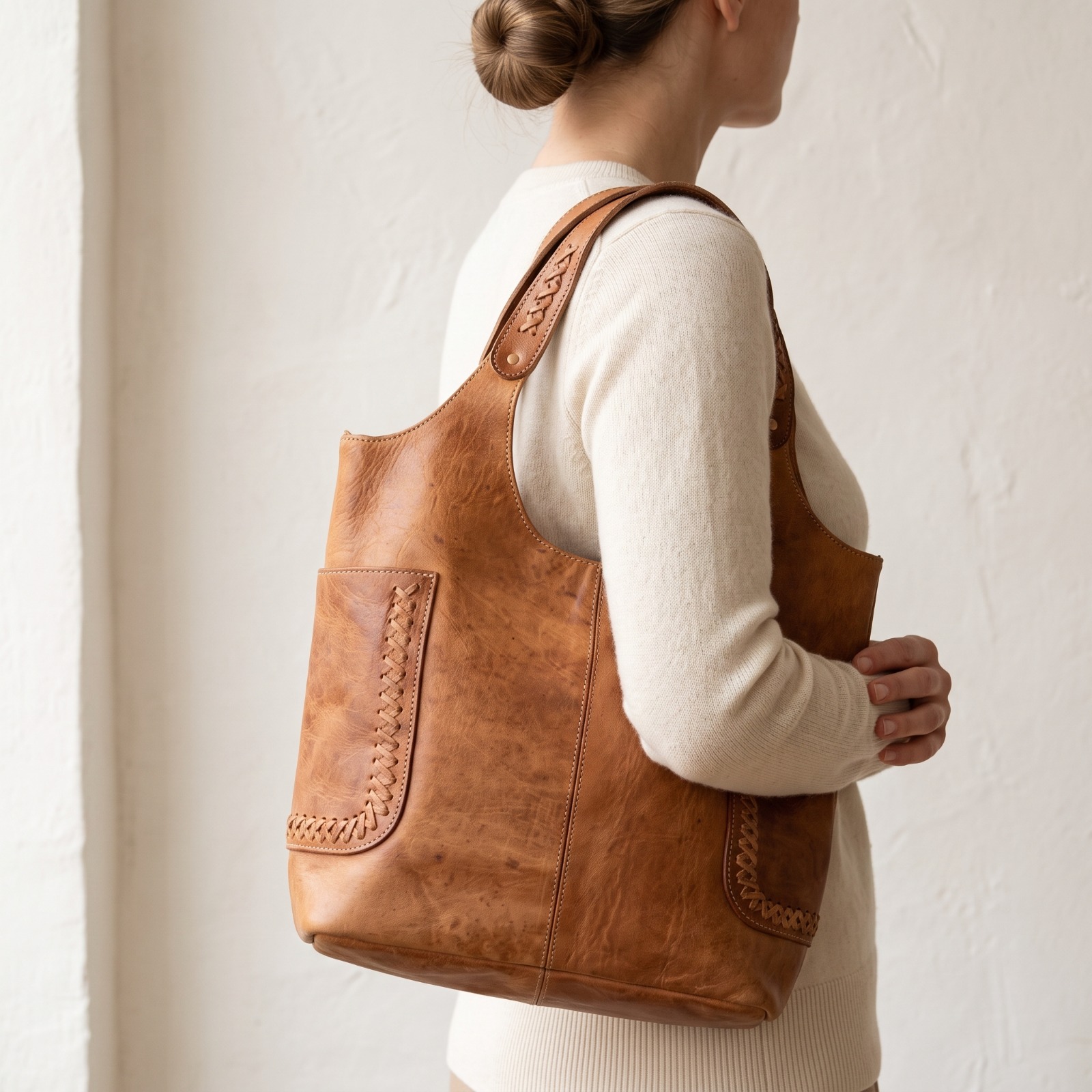 Sac Cabas en Cuir Marocain Fait Main – Grand Sac en Cuir Véritable – Sac Bohème Chic