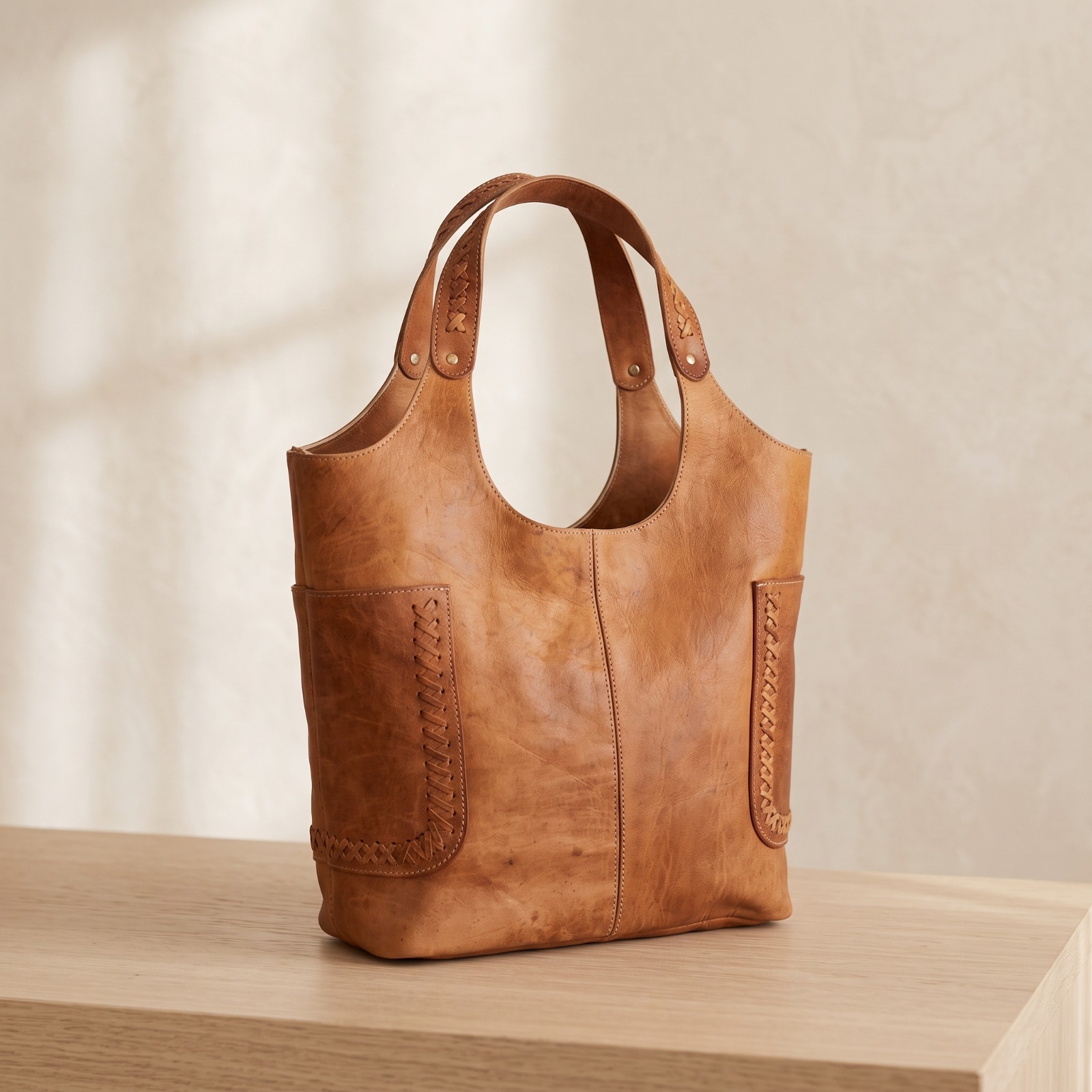 Sac Cabas en Cuir Marocain Fait Main – Grand Sac en Cuir Véritable – Sac Bohème Chic
