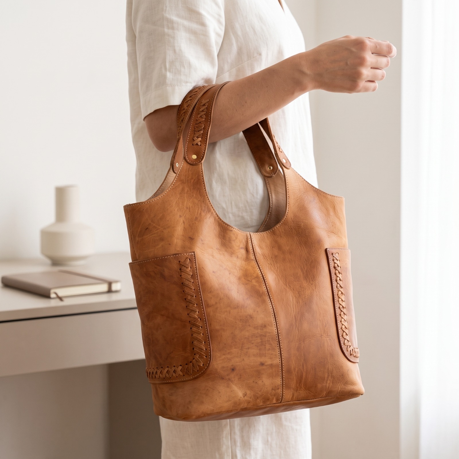 Sac Cabas en Cuir Marocain Fait Main – Grand Sac en Cuir Véritable – Sac Bohème Chic
