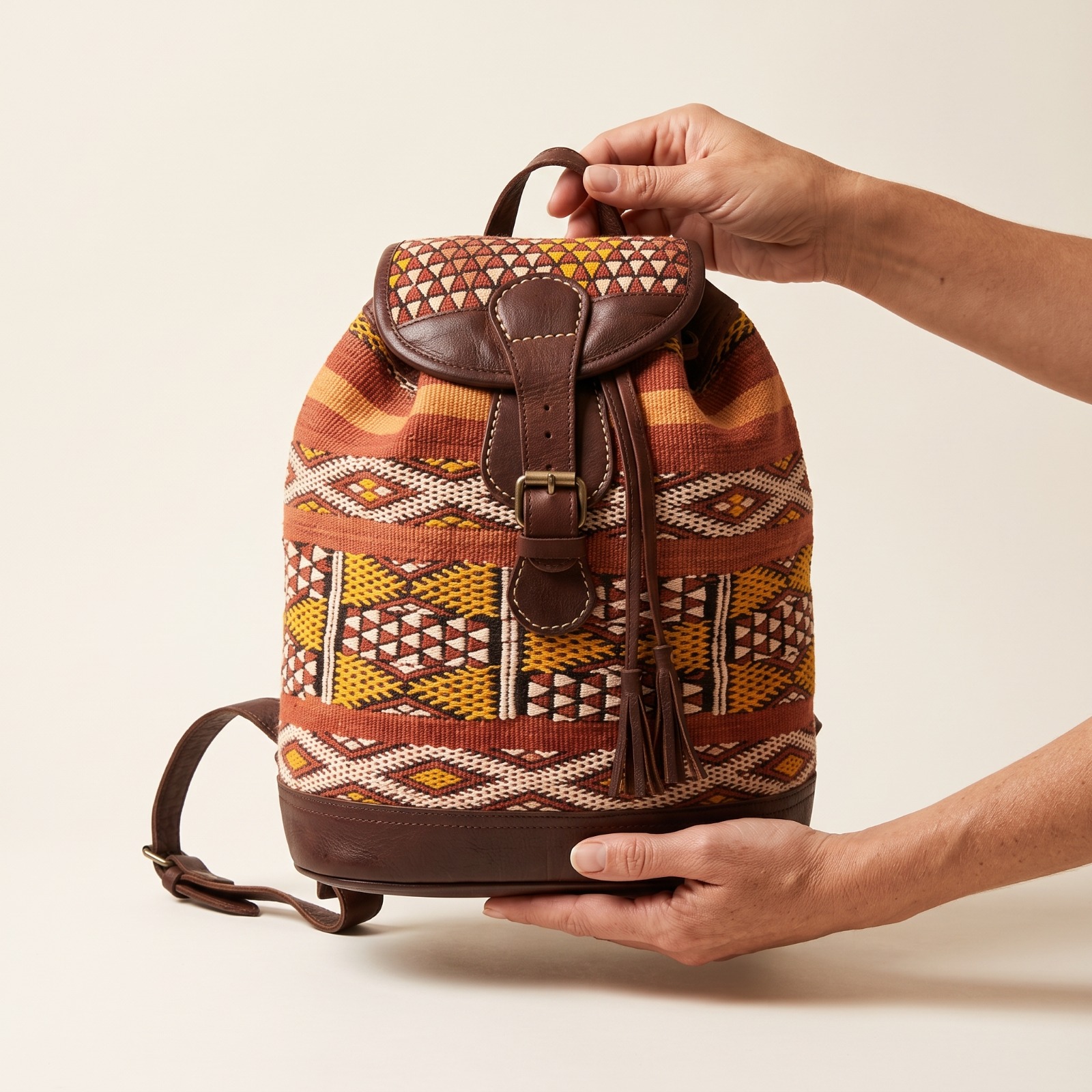 Sac à Dos en Cuir et Tissu Berbère – Sac Marocain Artisanal à Motifs