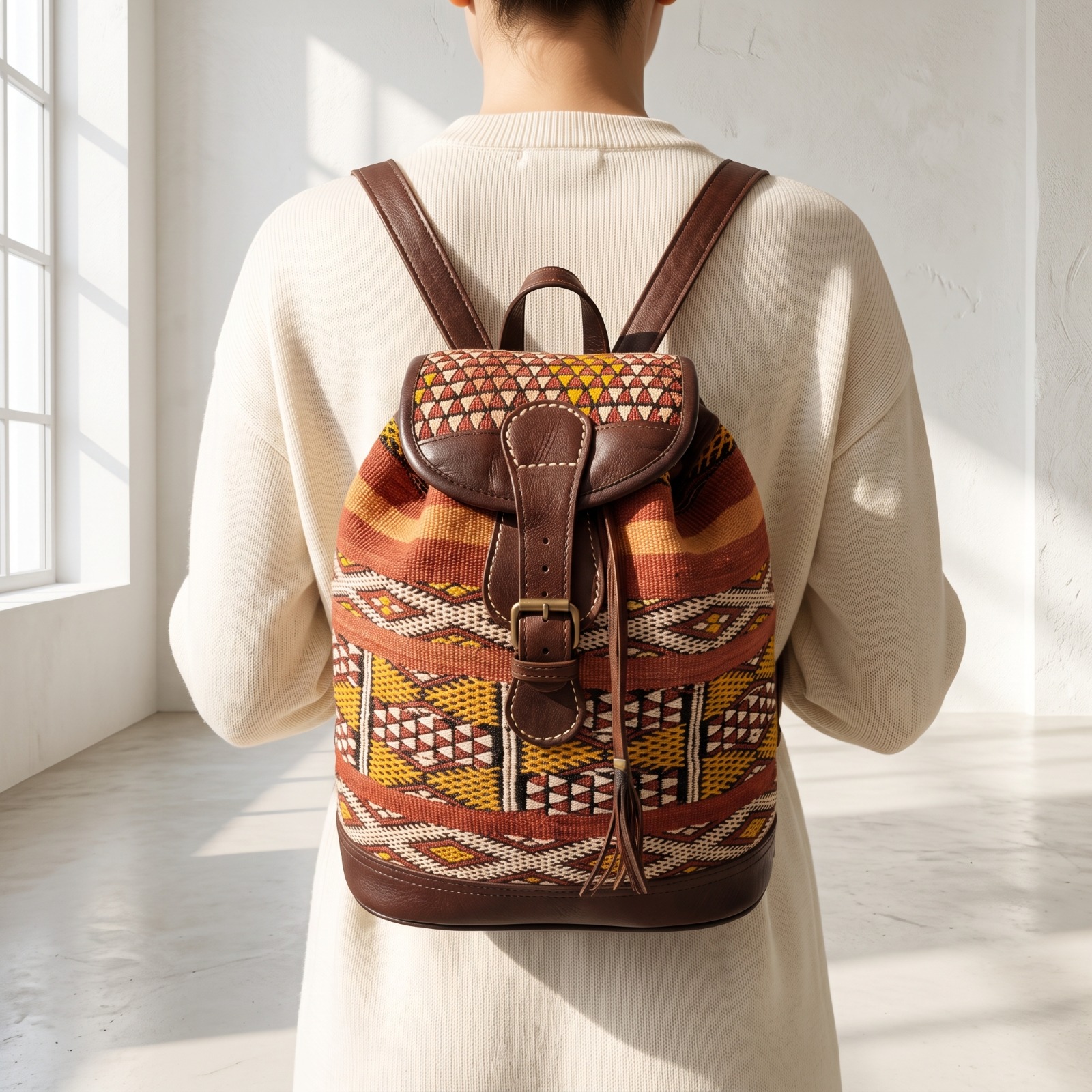 Sac à Dos en Cuir et Tissu Berbère – Sac Marocain Artisanal à Motifs