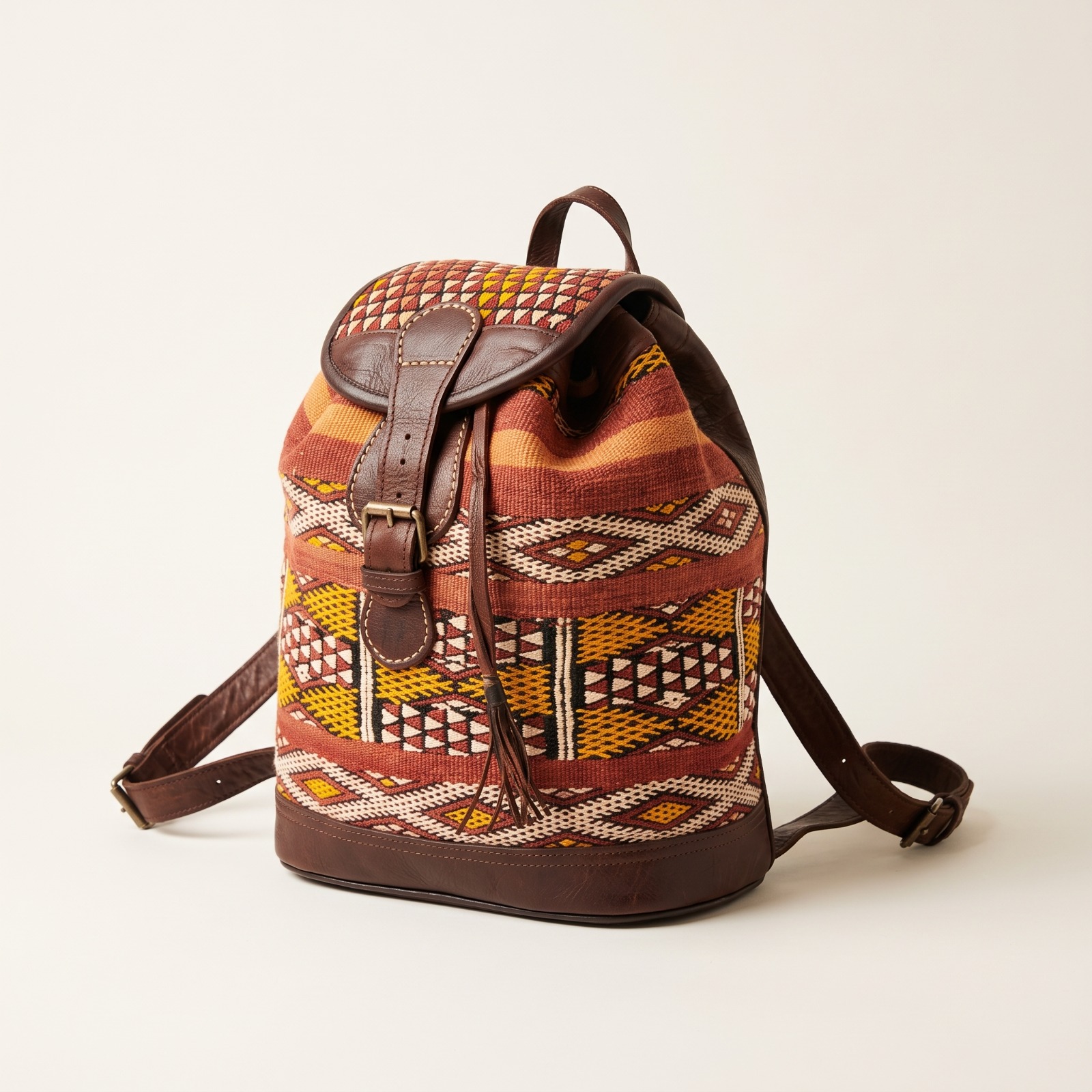 Sac à Dos en Cuir et Tissu Berbère – Sac Marocain Artisanal à Motifs