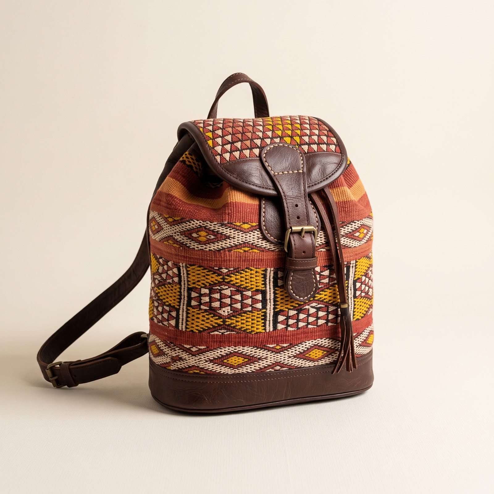Sac à Dos en Cuir et Tissu Berbère – Sac Marocain Artisanal à Motifs