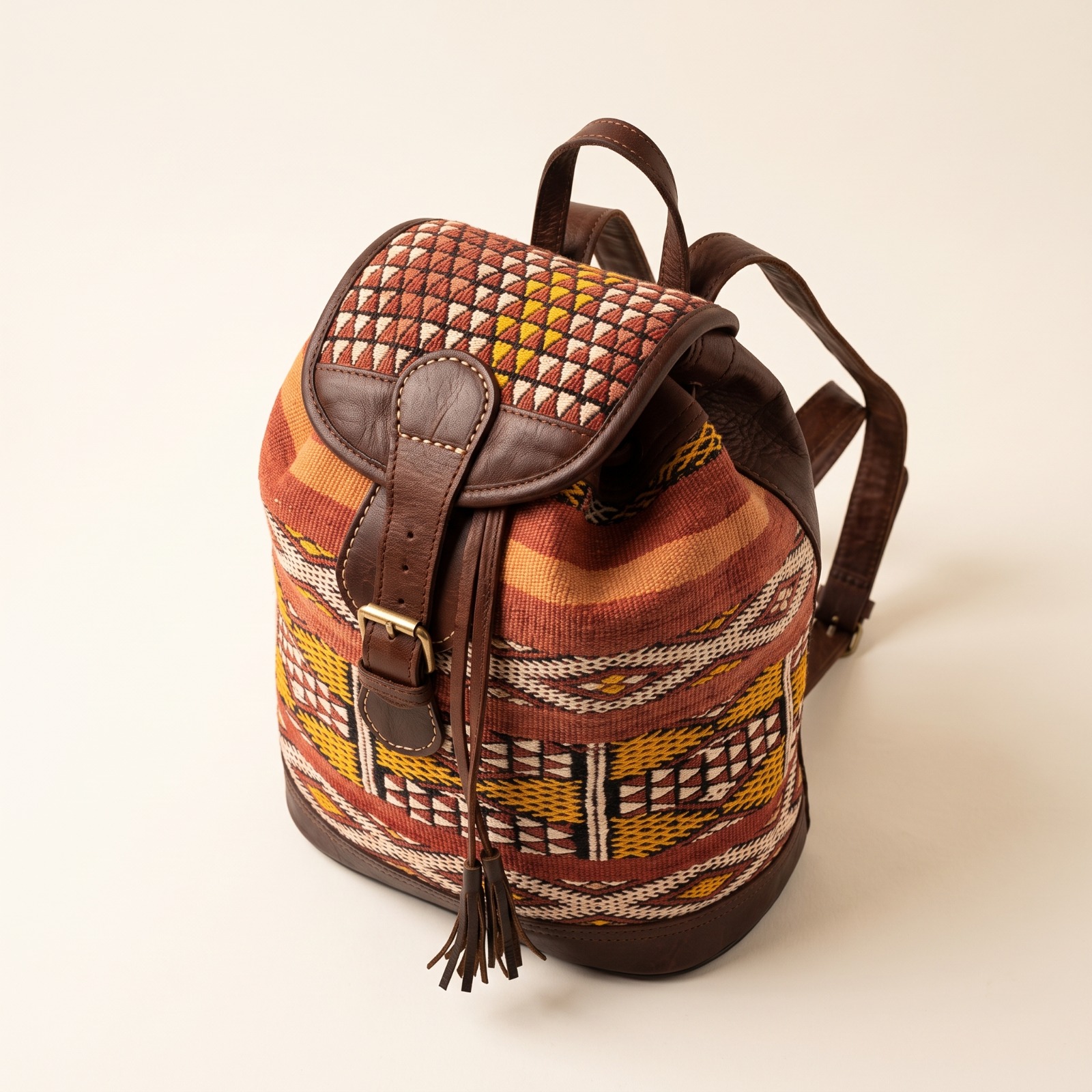 Sac à Dos en Cuir et Tissu Berbère – Sac Marocain Artisanal à Motifs