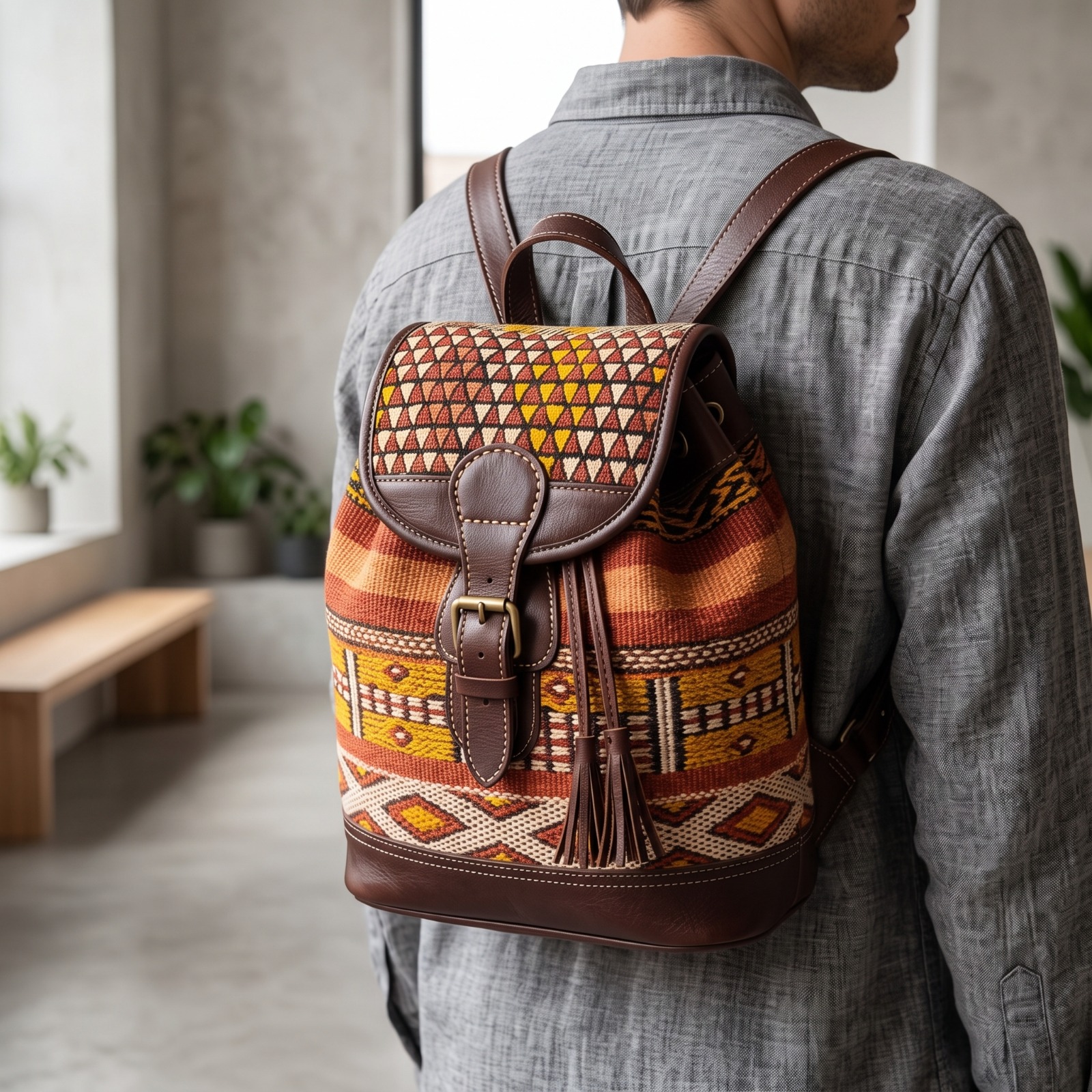 Sac à Dos en Cuir et Tissu Berbère – Sac Marocain Artisanal à Motifs