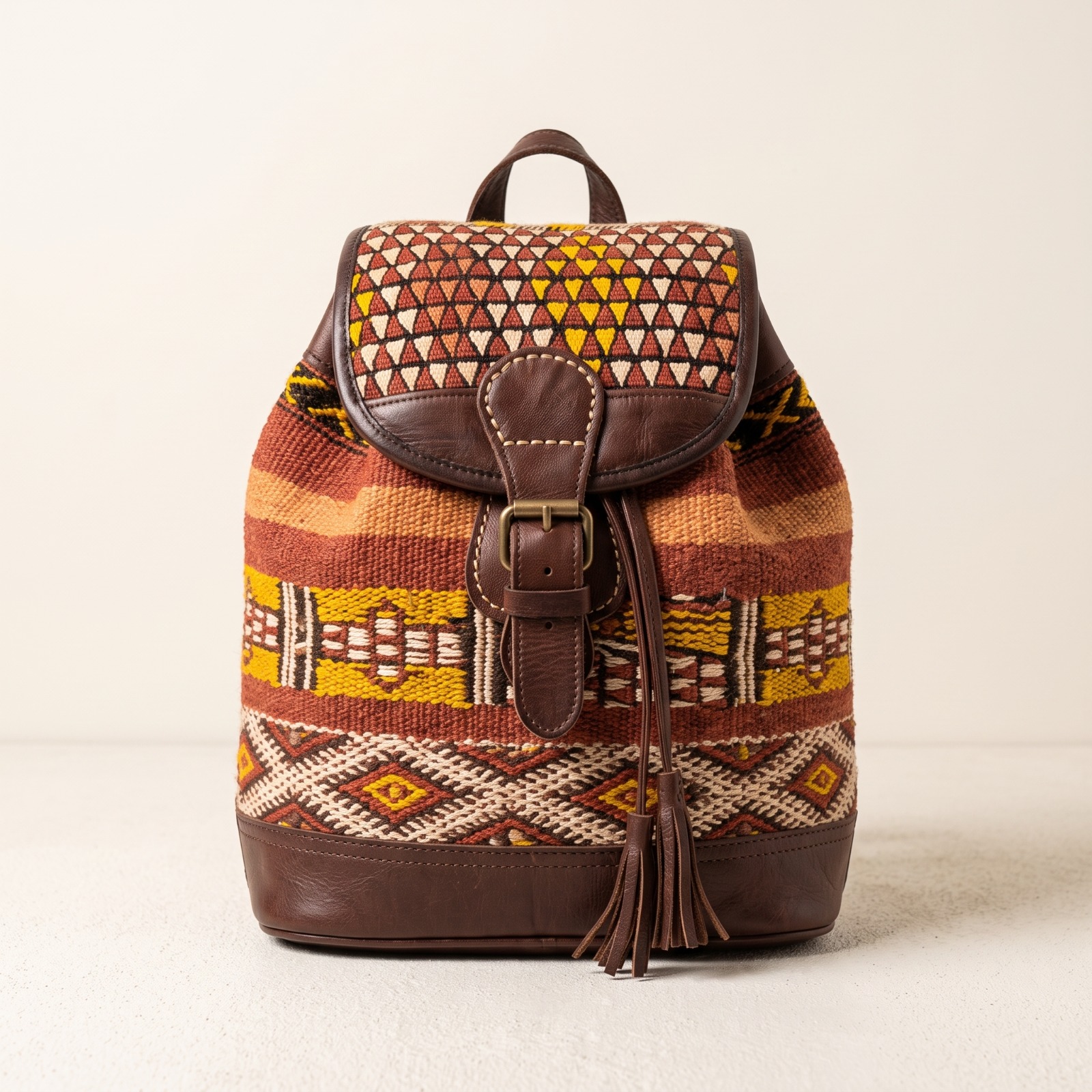 Sac à Dos en Cuir et Tissu Berbère – Sac Marocain Artisanal à Motifs