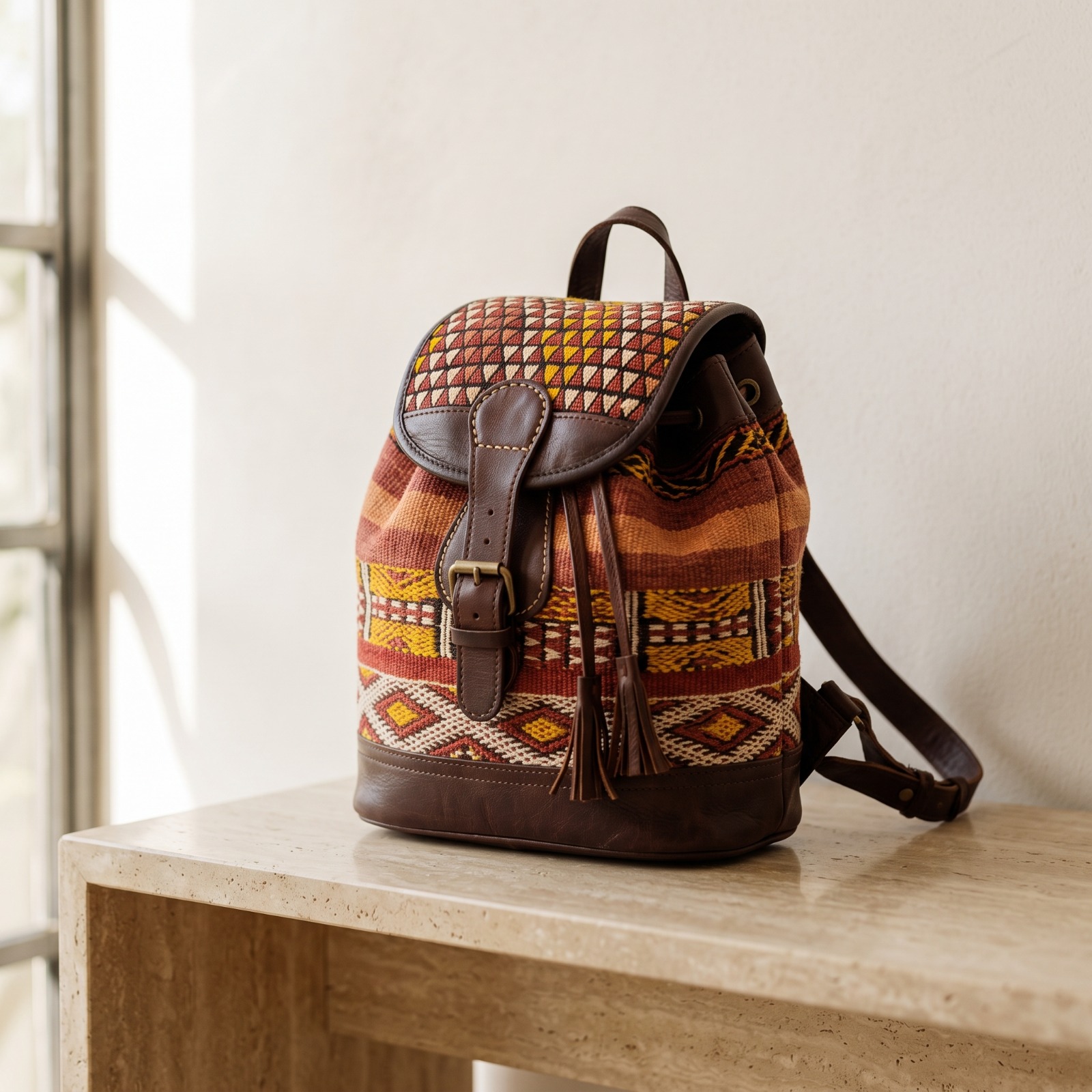 Sac à Dos en Cuir et Tissu Berbère – Sac Marocain Artisanal à Motifs