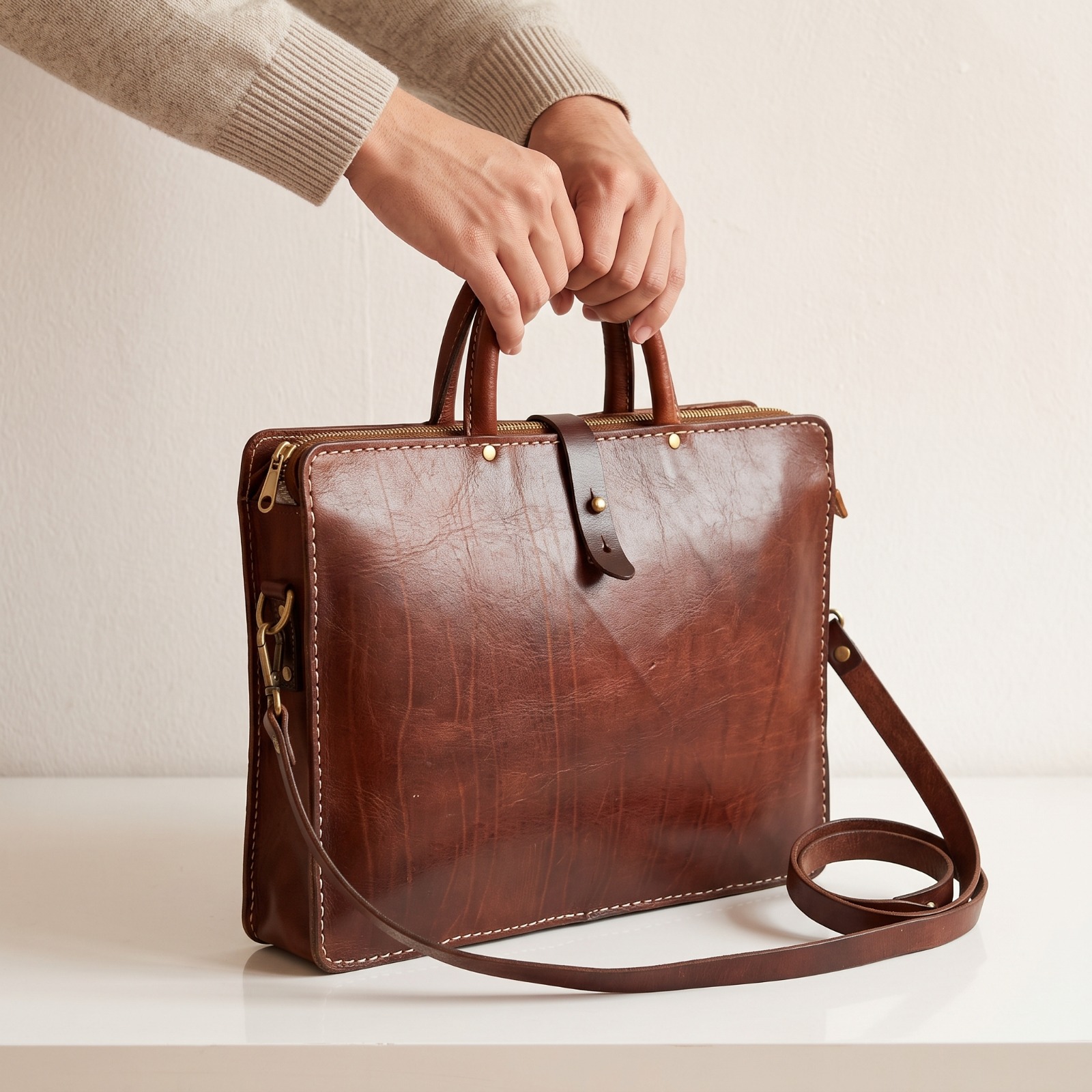 Sac Porte-Documents en Cuir Marron – Sac Ordinateur – Sac Business Artisanal