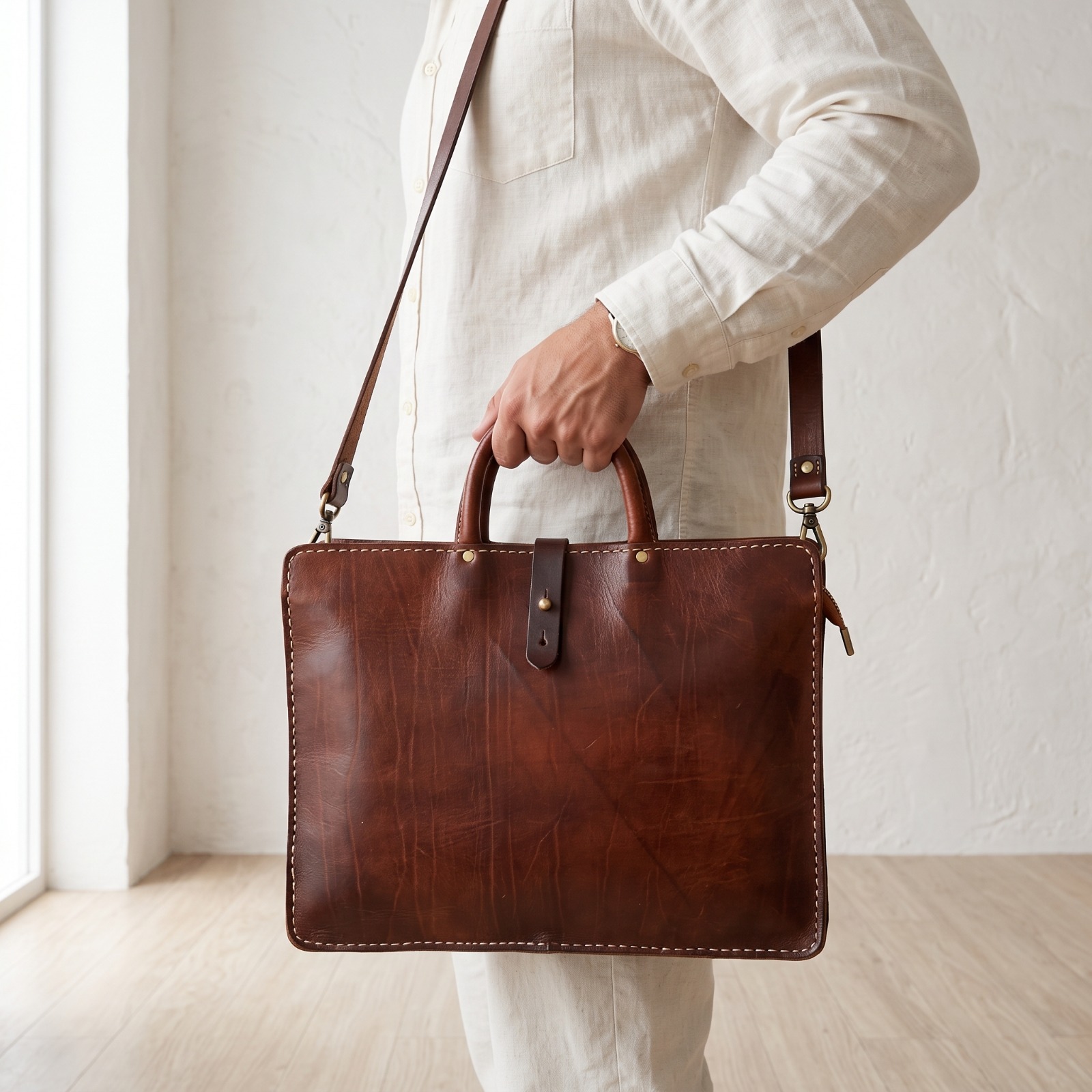 Sac Porte-Documents en Cuir Marron – Sac Ordinateur – Sac Business Artisanal
