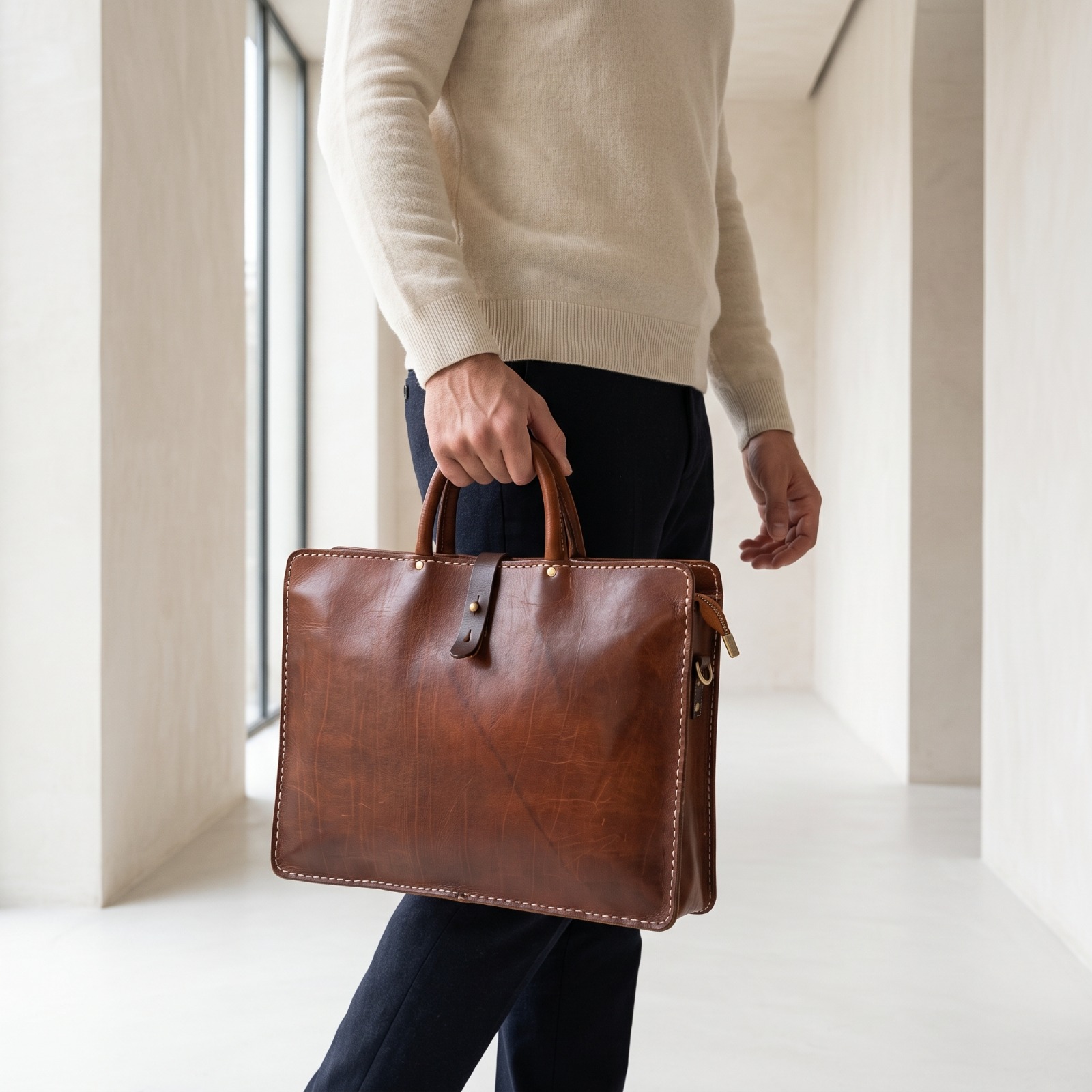 Sac Porte-Documents en Cuir Marron – Sac Ordinateur – Sac Business Artisanal