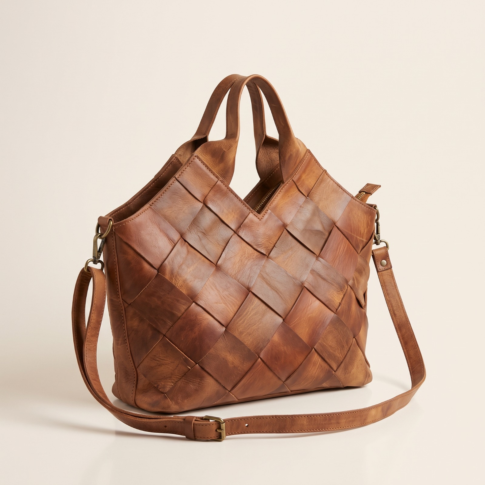 Sac à Main Artisanal en Cuir Tressé Marron Chameau