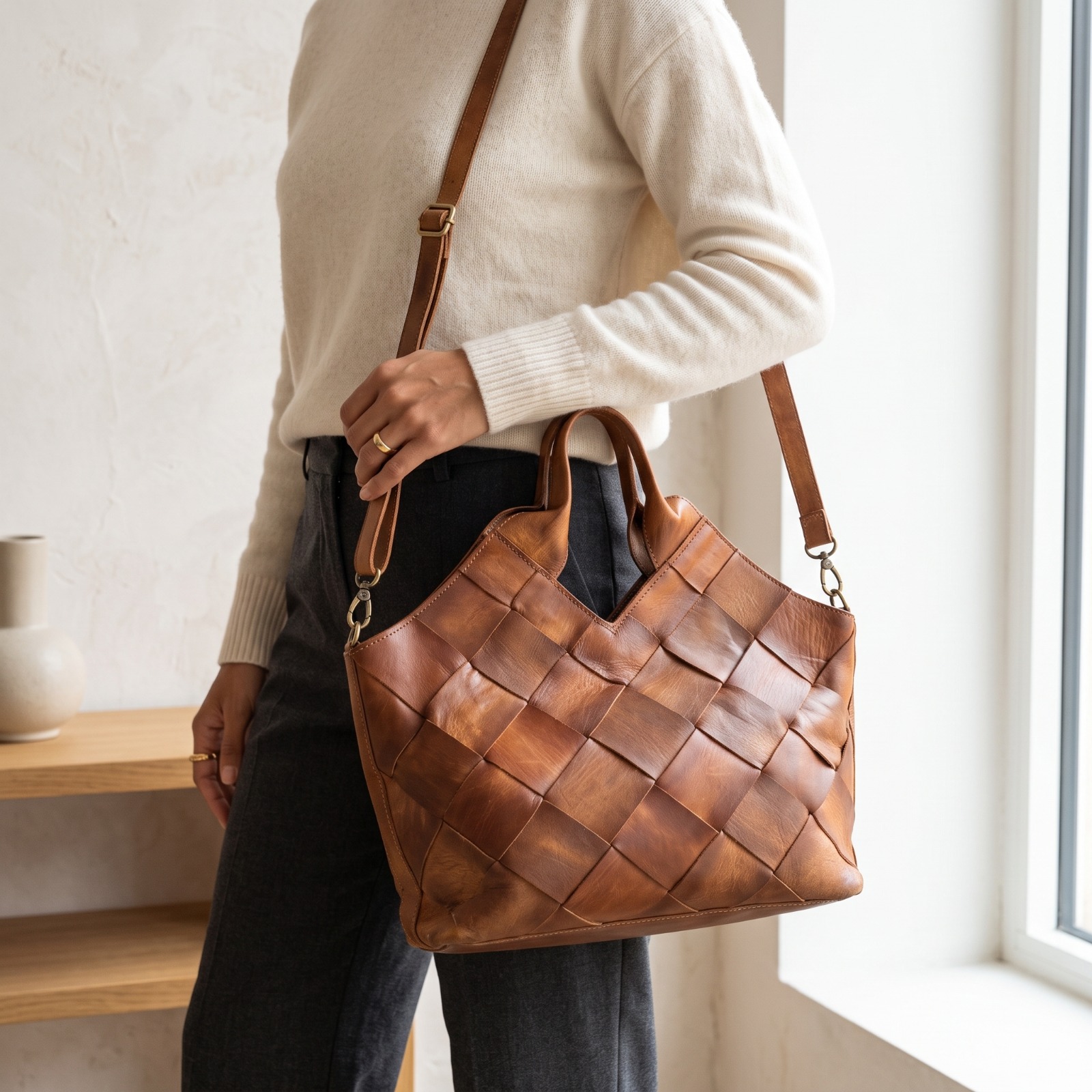 Sac à Main Artisanal en Cuir Tressé Marron Chameau