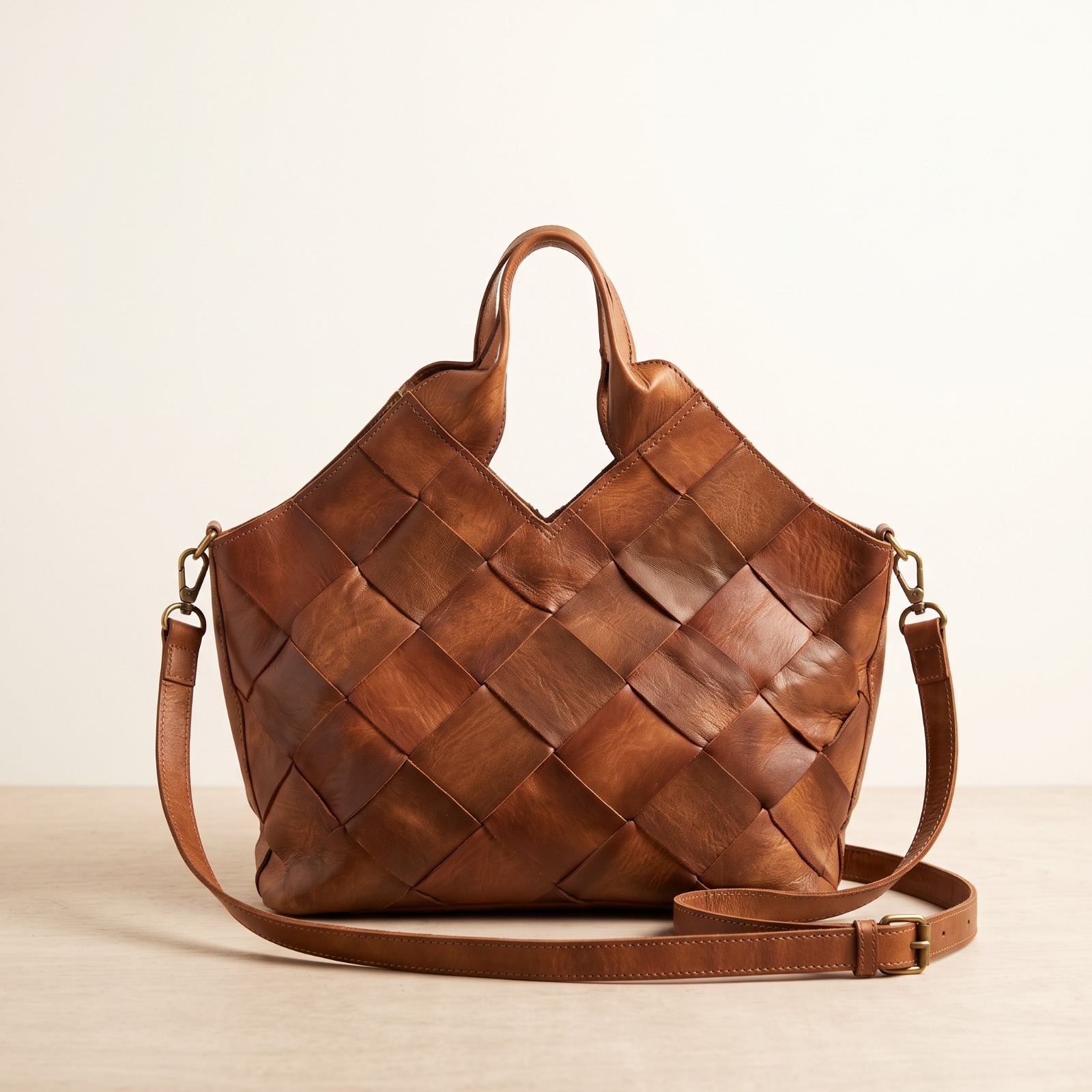 Sac à Main Artisanal en Cuir Tressé Marron Chameau