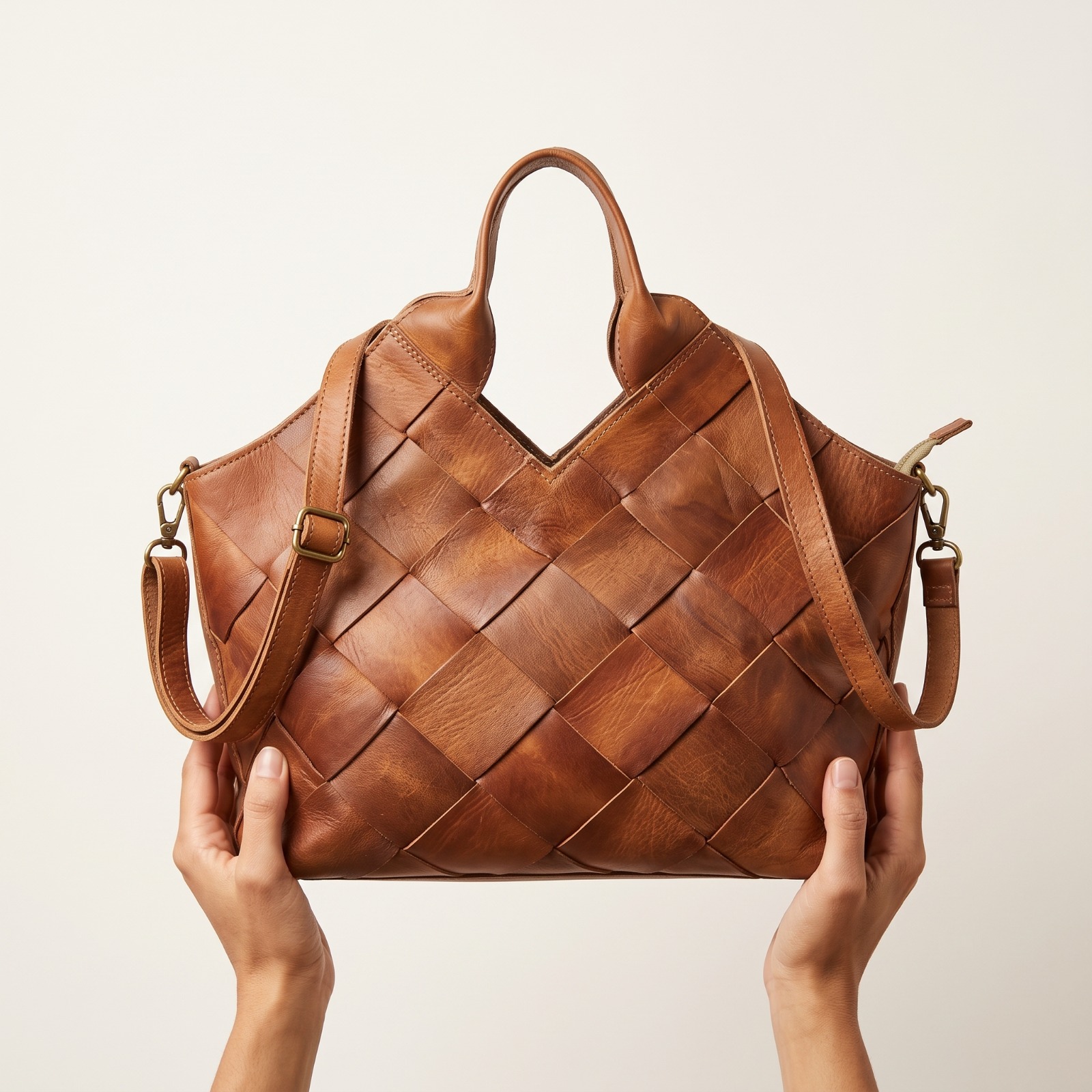 Sac à Main Artisanal en Cuir Tressé Marron Chameau